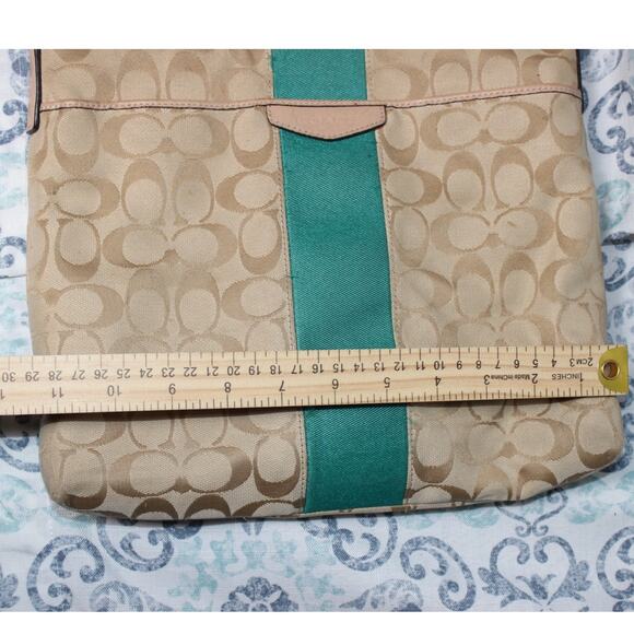 Coach Signature Beige‎ Shoulder Bag with Green Stripe - Picture 2 of 4